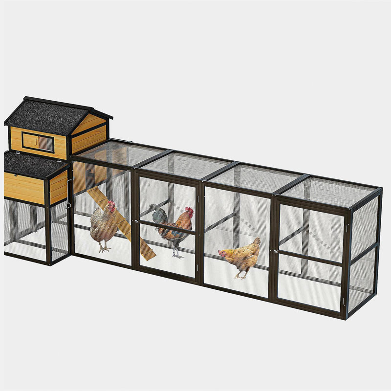 Grand poulailler en bois noir de 150 po avec poules et nichoirs, plateau coulissant, porte coulissante, grillage antidérapant pour 4 à 6 poules
