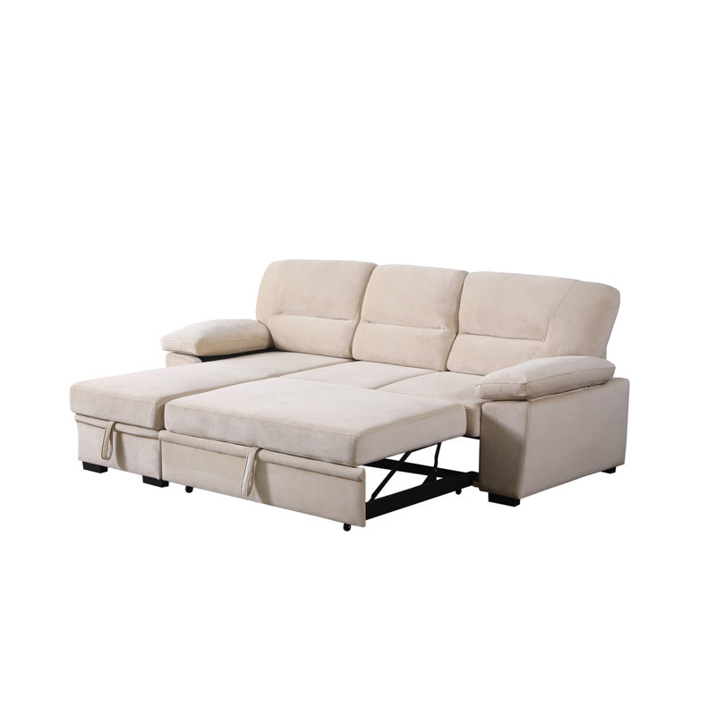 Canapé d'angle convertible réversible Kipling de 97,5 po en velours beige avec méridienne de rangement, Beige Velvet, Beige