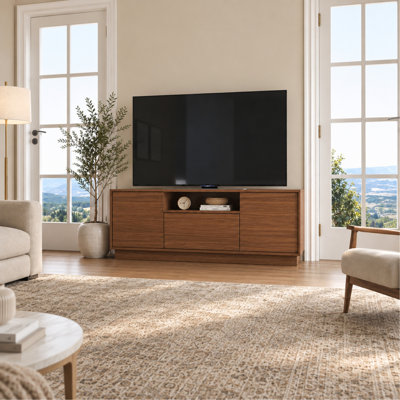 Modern TV Stand for TVs up to 65 Inches, Entertainment Center, Two Doors, One Drawer and One Open Shelf, Caiena Walnut