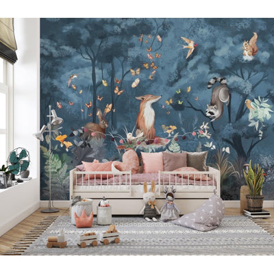 Night Woodland Animals Nursery Wall Mural | Fox Raccoon and Bunny Forest Wallpaper | Non-Woven or Peel and Stick