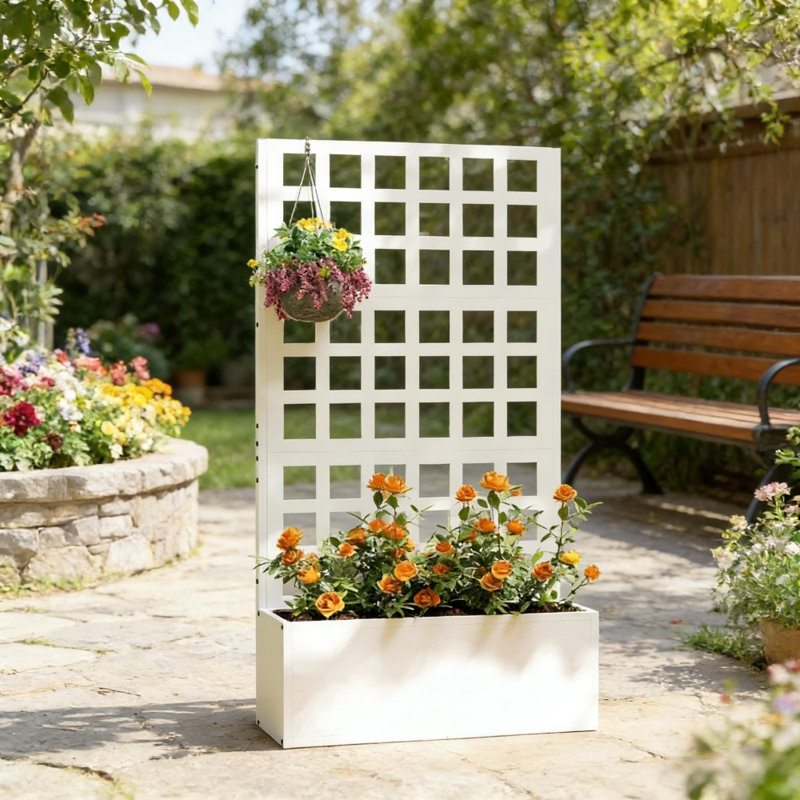 Jardinière en acier galvanisé avec treillis, jardin surélevé avec trous de drainage, White