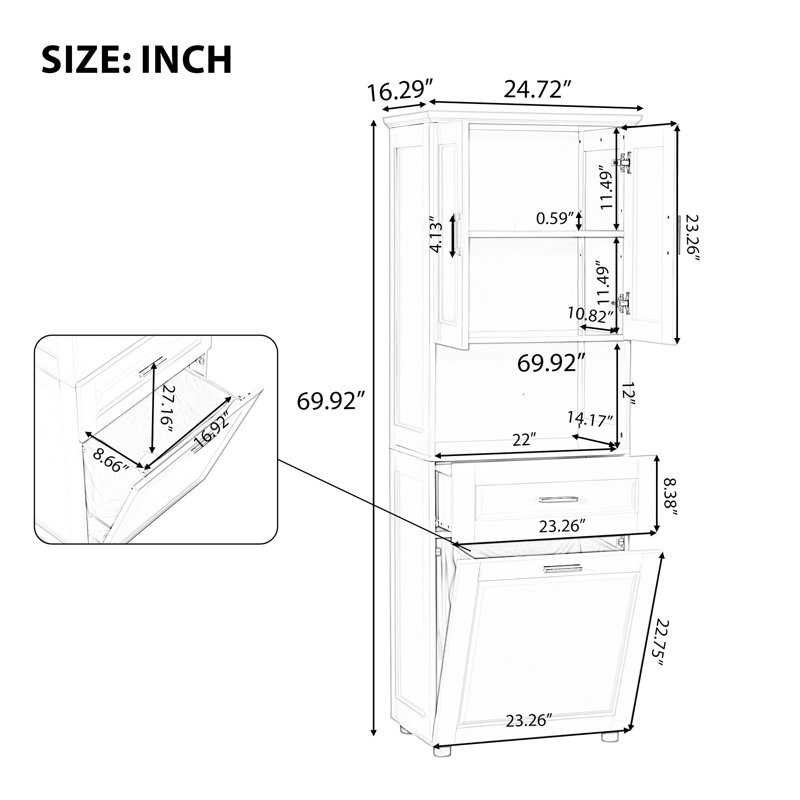 Armoire de rangement haute avec panier à linge, Blanc, H 69,92 po x l 24,72 po x P 16,29 po