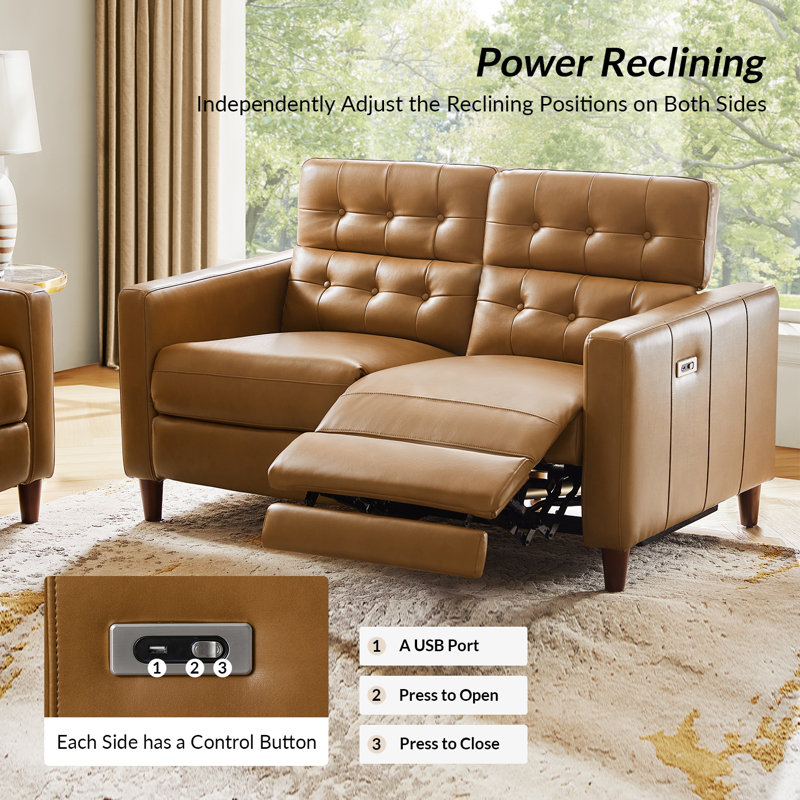 Passaic 59.7" Mid-Century Modern Faux Leather Oversized Dual-Motor Power Reclining Loveseat, Camel