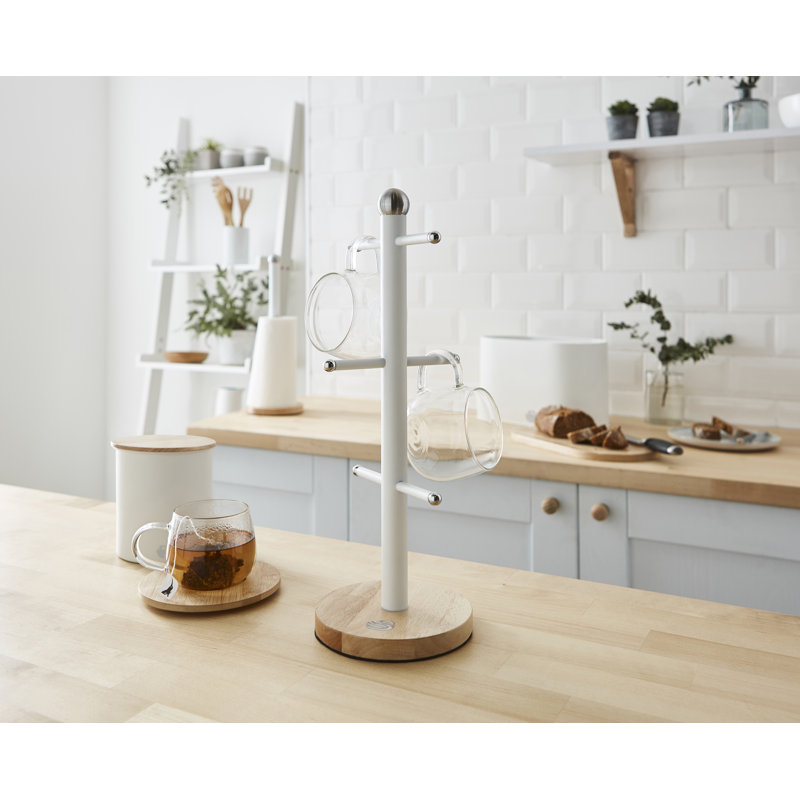 Swan Nordic Scandi Mug Tree with Non-Slip Bamboo Base, Steel, One Size, White