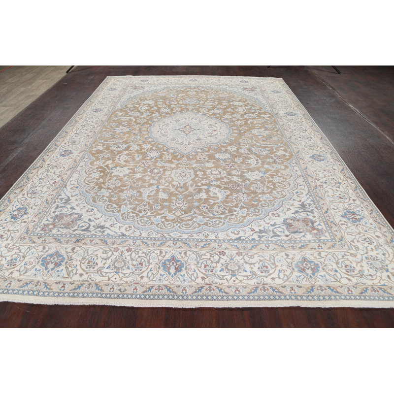 Tapis décoratif beige/brun clair en laine de conception unique 8 pi 1 po x 11 pi 6 po noué à la main
