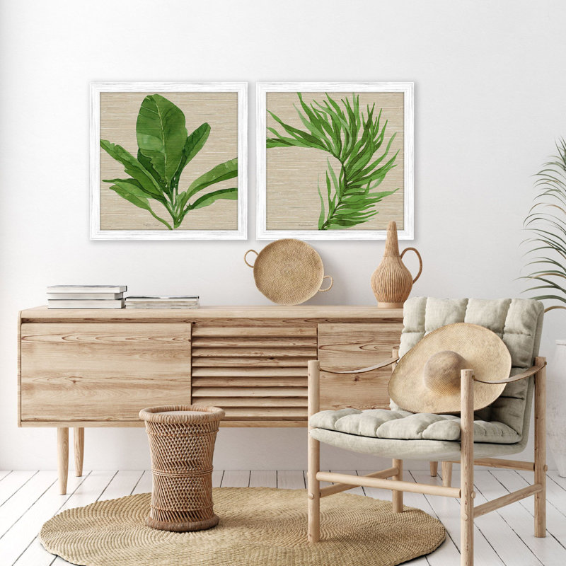 Whitewash Distressed Wood Frame Palm Leaf Prints Set