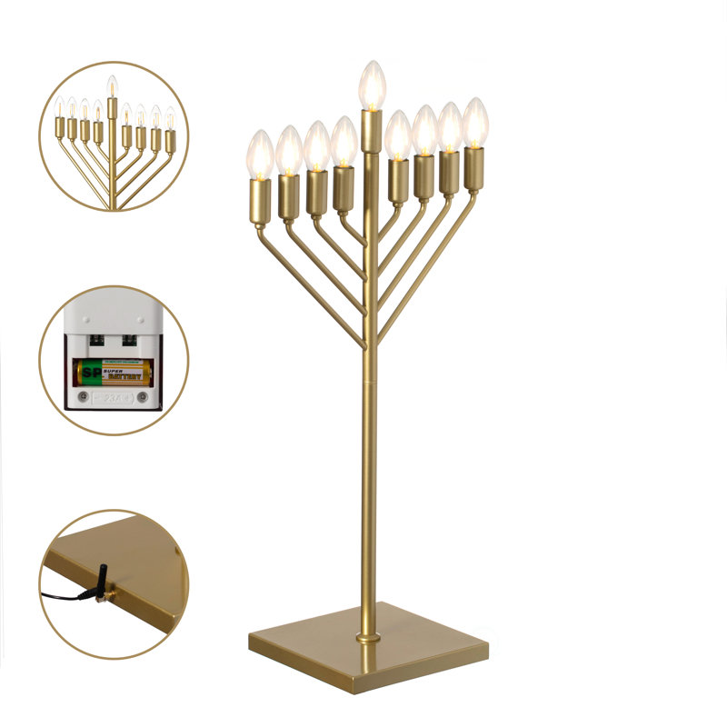 Chabad Style Gold Finish Hanukkah Menorah For Entryway, Living Room, Office, And Kitchen With Led Light Bulbs And Remote Control For Easy Daily Hanukkah Lighting Sequence