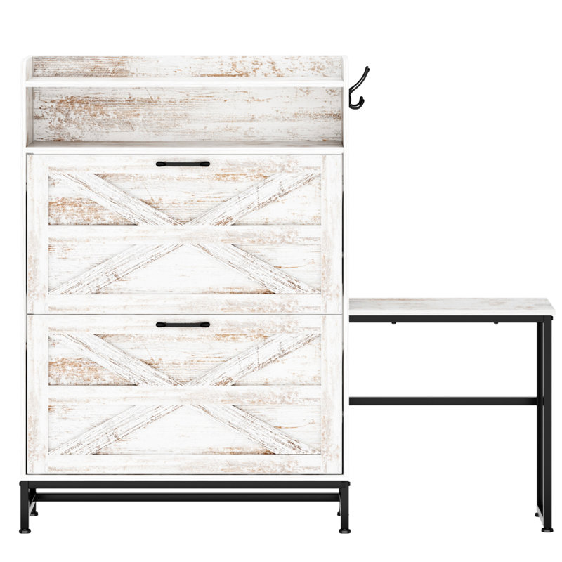Range-chaussures blanc pour l'unité d'entrée, 2 tiroirs rabattables avec fentes réglables, rétro rustique, basculant, organisateur de pièces polyvalent: grande capacité d'entrée et rangement personnalisable