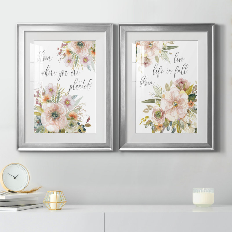 «Peach Bloom I», ensemble de 2 impressions, Papier avec cadre argenté, Blanc, H 18,5 po x l 49 po x P 1,5 po