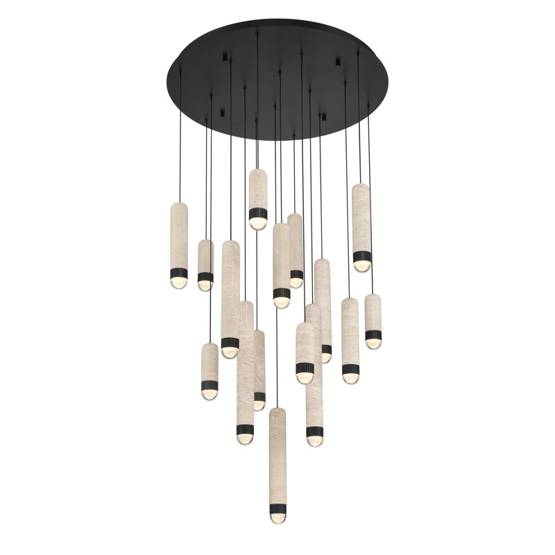 Lustre, 16 lumières, 32 po, noir mat, travertin, Noir mat
