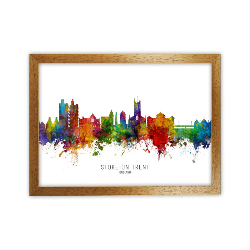 Stoke-on-Trent England Skyline by Michael Tompsett - Print, 25cm H x 34cm W x 3cm D, Brown Framed