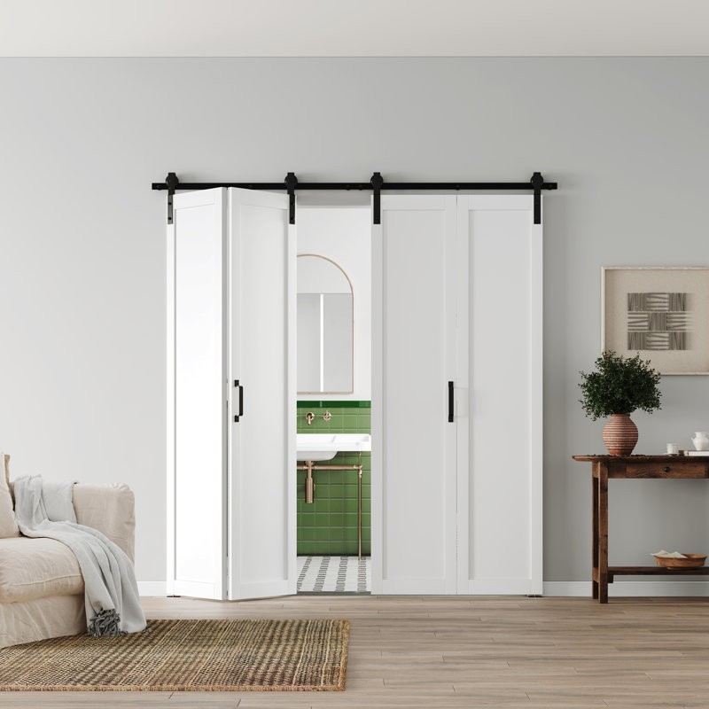 CHIC Mode Doors Porte de grange double pliante en panneau de fibres à densité moyenne de 72 po x 84 po avec quincaillerie double avec quincaillerie
