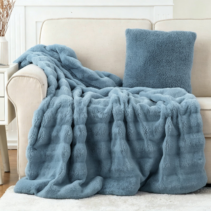 Jeté en fausse fourrure, couverture en fourrure de lapin pour lit, canapé, couverture en peluche vison super doux, Gris bleu