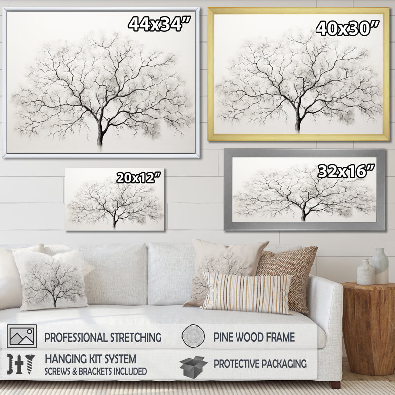 " White And Grey Minimalism Maple Tree ", Black Picture Frame, 12" H x 20" W x 1" D