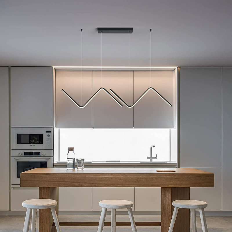2-Light 120cm LED Kitchen Island Pendant,Dimmable Linear Wave Chandelier Pendant for Dining Room, Black