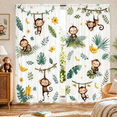 Ensemble de 2 rideaux à motifs singe et banane, thème jungle, style ludique, décoration de fenêtre, idéal pour une chambre, une chambre d'enfant, une salle de jeux, décoration amusante, installation à œillets, tissu filtrant la lumière