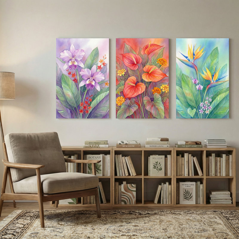 Plantes et fleurs, ensemble de 3 impressions sur toile, H 18 po x l 36 po