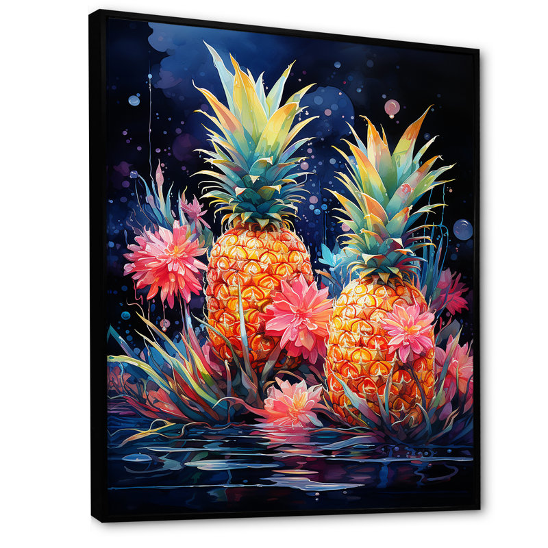 Vert et jaune, ananas cosmique IV - ananas, art mural, Cadre flottant noir, 44" H x 34" W