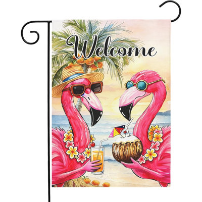 Drapeau de jardin « Bienvenue » avec flamants roses, scène tropicale de plage, drapeau de cour, drapeau d'été côtier, île, double face, polyester, bannière pour maison, pelouse, piscine, palmier, décoration de maison en bord de mer, 30 x 45 cm