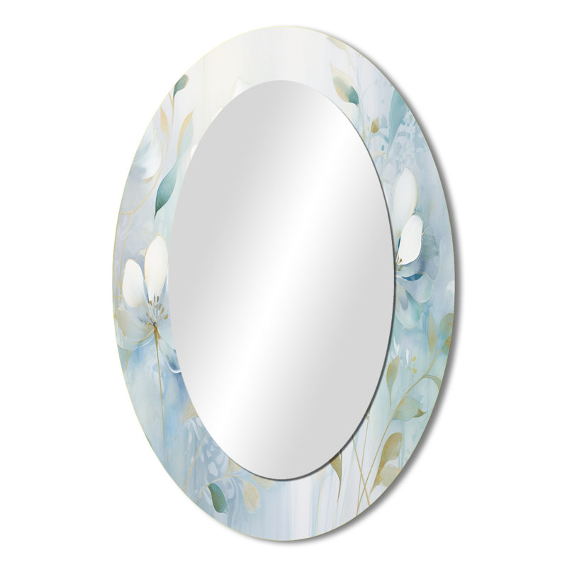 Blue Botanical Rhythms I - Miroir mural moderne ovale, 36 po x 24 po