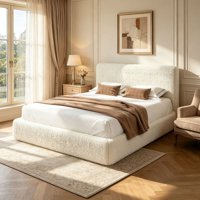 Structure de lit avec tête de lit rembourrée Boucle, Beige, Queen