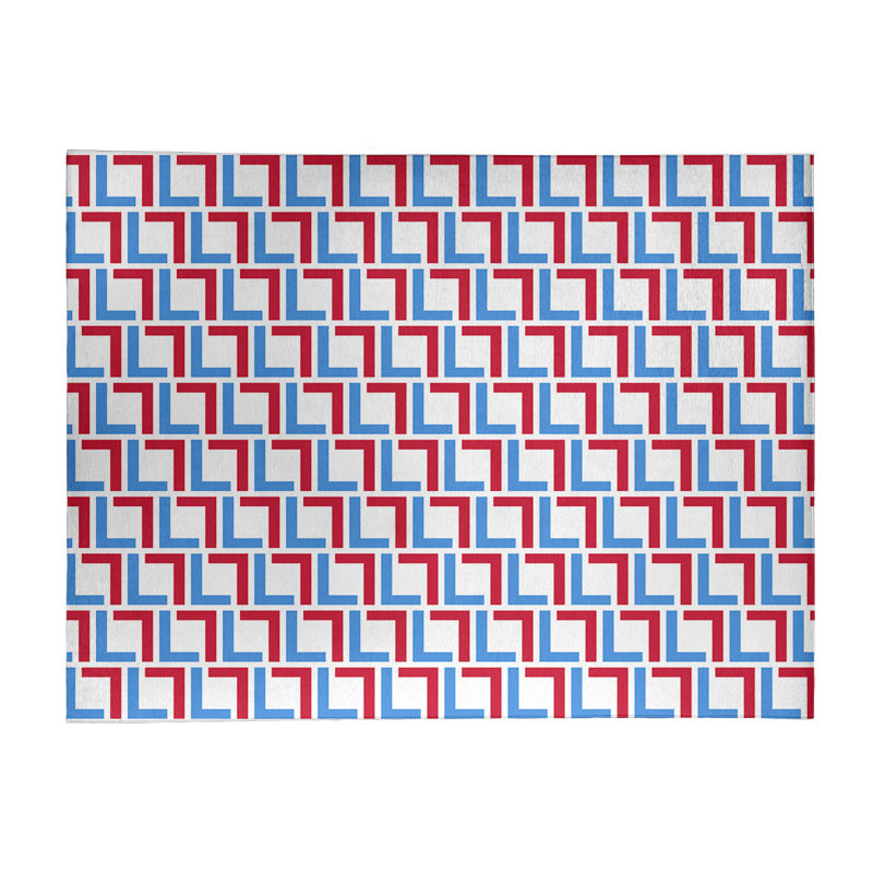 Tapis géométrique bleu / rouge / blanc, Rectangle 5 pi x 7 pi