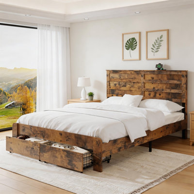 Industrial Storage Platform Bed With LED Lights & Charging Station(Full/Queen Size)