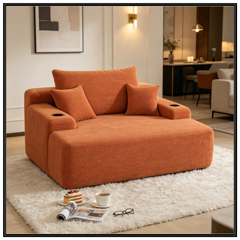 Chaise longue avec accoudoirs larges et coussins décoratifs, Orange