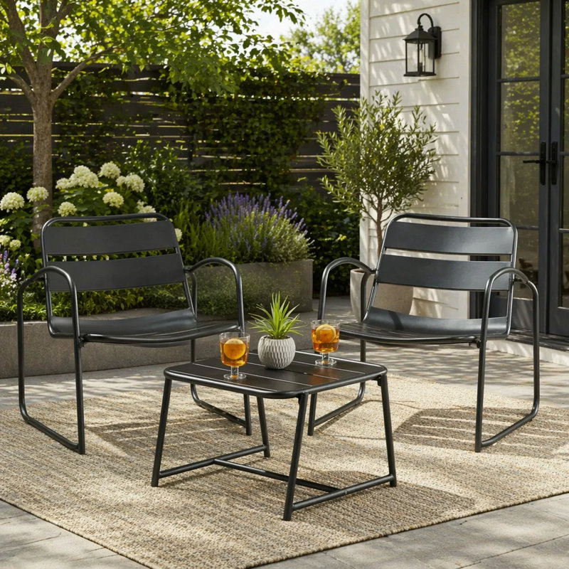 Ensemble de conversation CONRAD avec structure en métal durable et conception à lattes ouvertes pour une terrasse moderne et une détente ultime