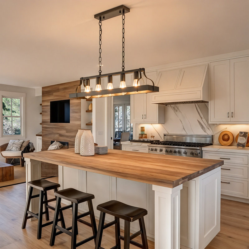 Luminaire suspendu 5 lumières noir mat de style campagnard, îlot de cuisine industriel avec chaînes de suspension réglables