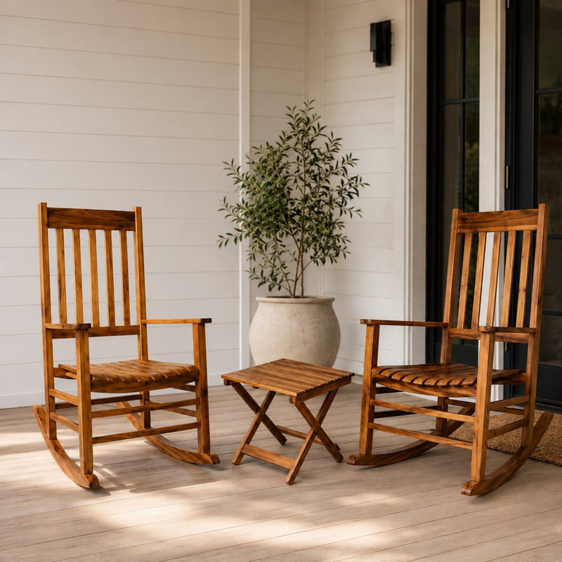 Ensemble de chaise berçante d'extérieur en bois et table carrée 3 pièces Emjay, Chêne
