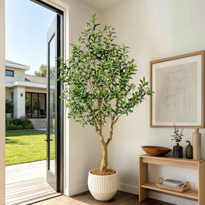 Olivier artificiel de 1,80 m avec pot blanc, olivier artificiel réaliste avec feuilles et fruits réalistes, grande plante d'intérieur pour salon, entrée, bureau, décoration intérieure