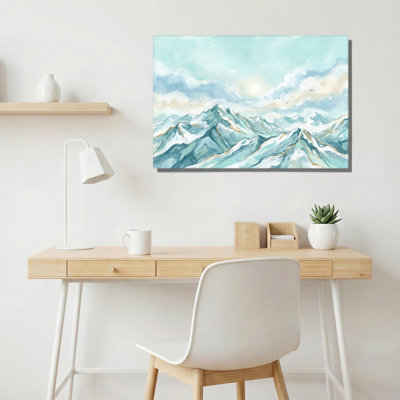 Chaîne de montagnes enneigées avec des oiseaux planant sous un soleil éclatant - Tableau sur toile