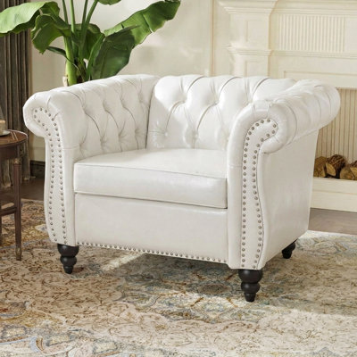 38.98" Chesterfield Armchair, Faux Leather Tufted Accent Chair with Rolled Arms and Nailhead Trim
