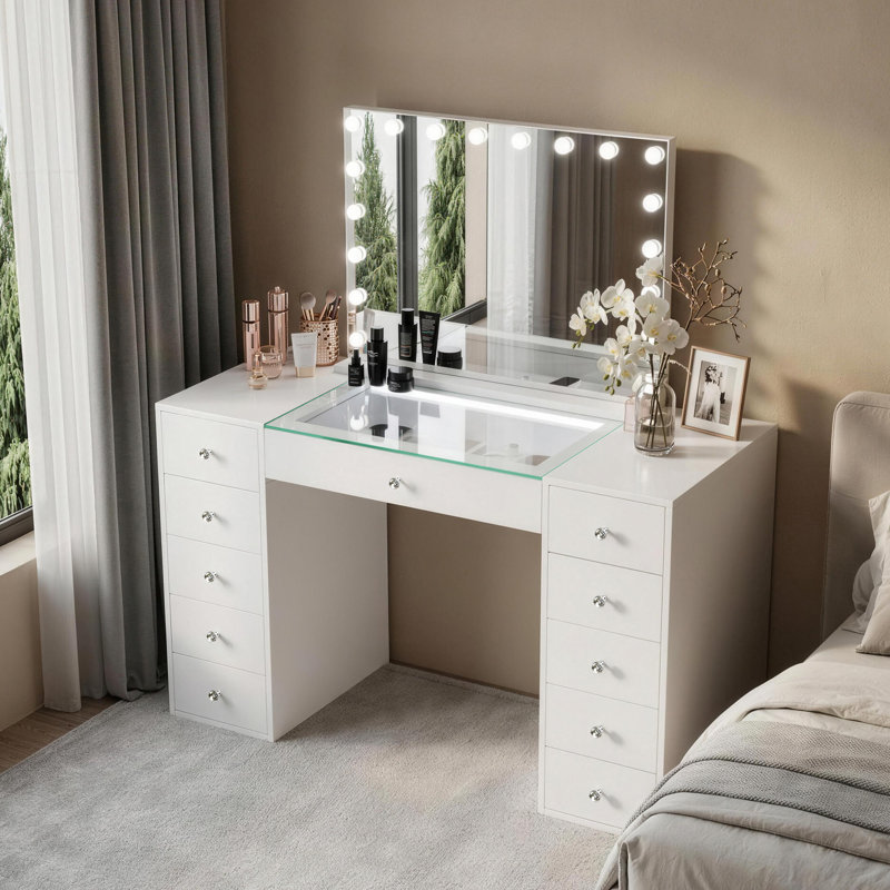 Bureau de maquillage pour coiffeuse avec miroir et lumières à DEL