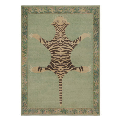 Classic Pictorial Tiger Rug In Green And Brown Custom Pattern By Rug & Kilim