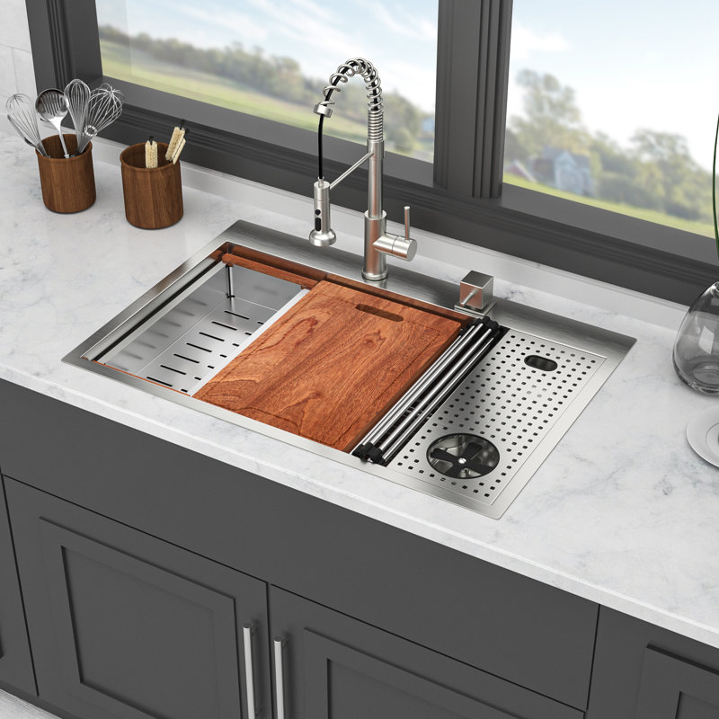 Évier de cuisine encastré 33 po avec laveuse à tasses - 33 po x 22 po éviers de cuisine à cuve simple en acier inoxydable de calibre 16