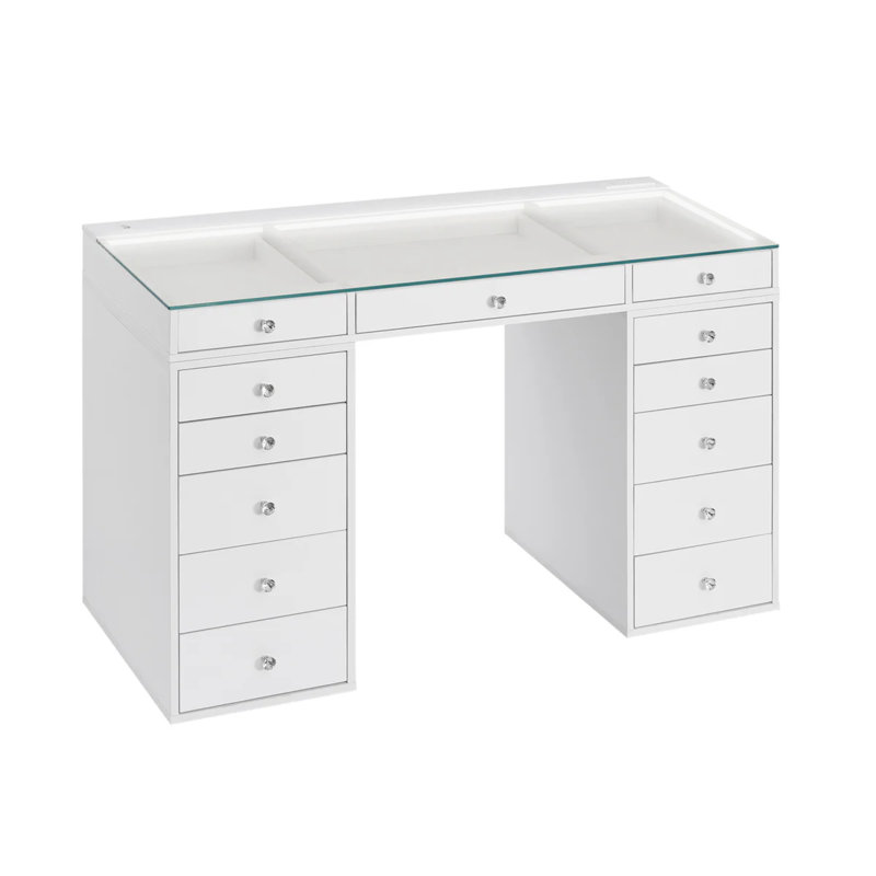 Coiffeuse de maquillage Slaystation Radiant Plus 2.0 avec lumière DEL et plateau en verre transparent, 13 tiroirs