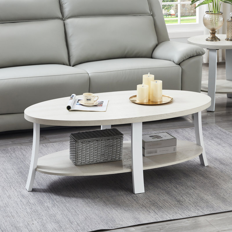 Élégante table basse ovale en bois blanche avec tablette de rangement supplémentaire, Blanc