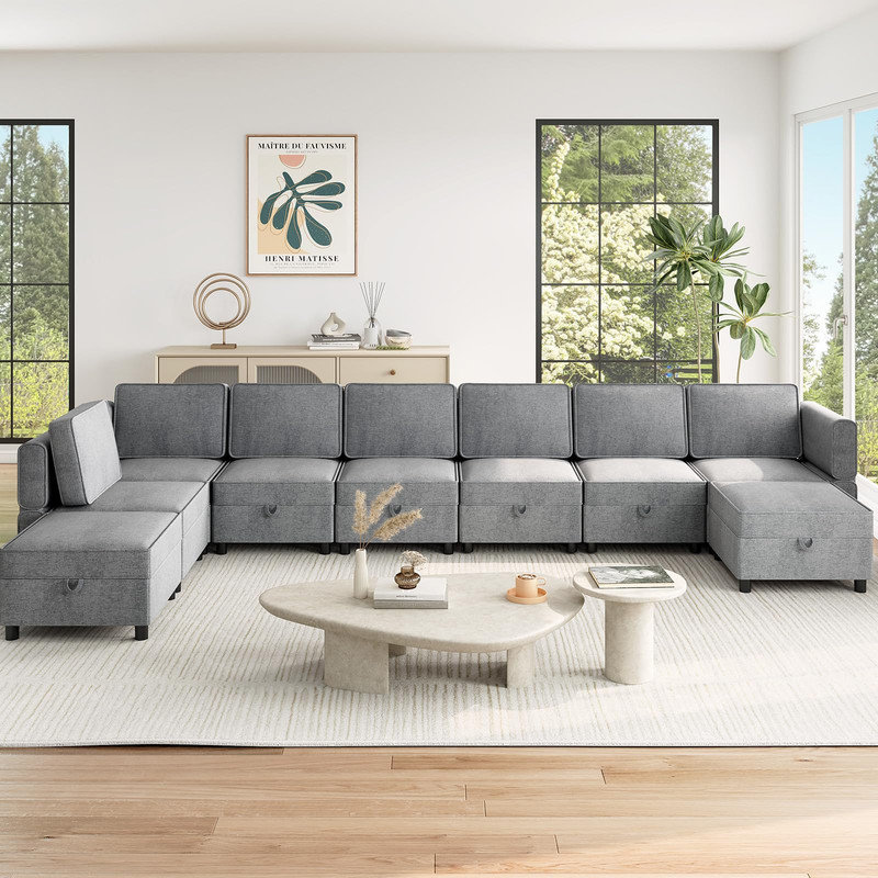 Canapé-lit modulaire en chenille en U 139,4 po, canapé modulaire 9 places avec méridienne et repose-pieds avec rangement, gris