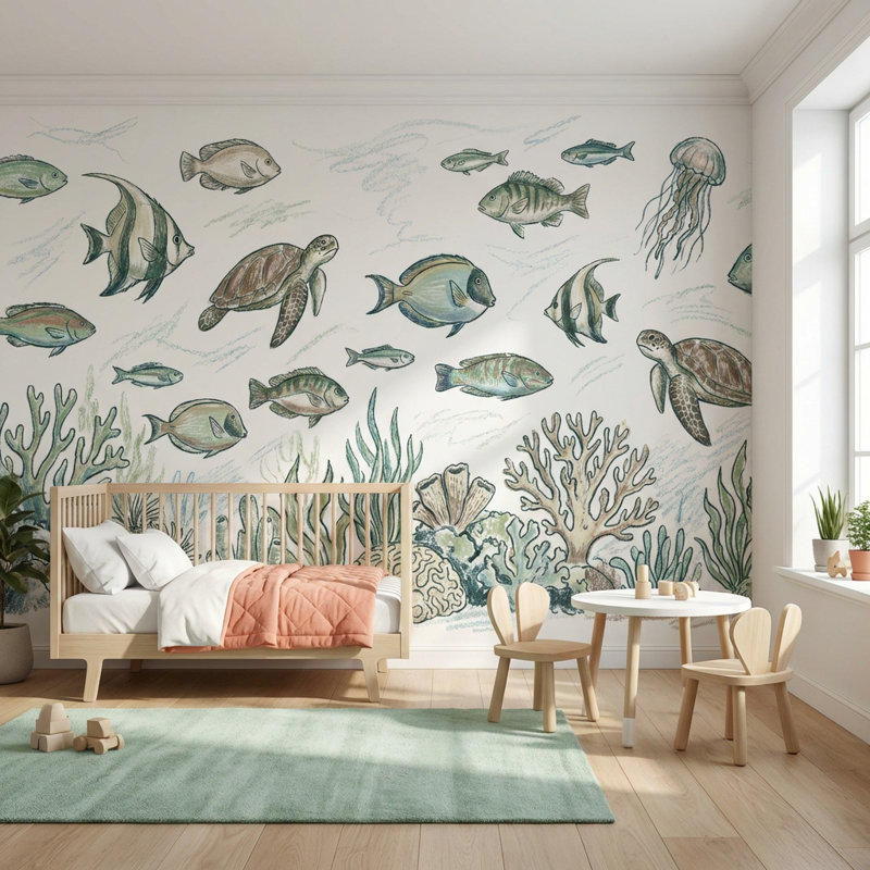 Décoration murale sous-marine marine, 120" x 96", Peler et coller