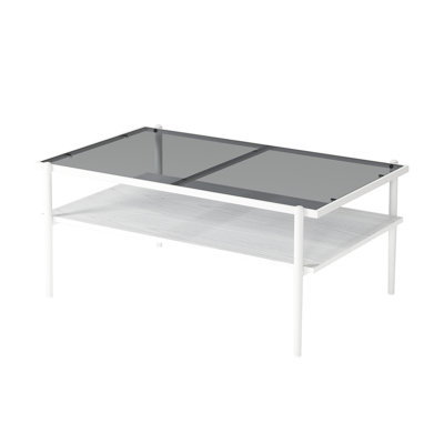 Stylish Coffee Table With Gray Tempered Glass Top And Dependable White Legs Rectangle Living Room Furniture: