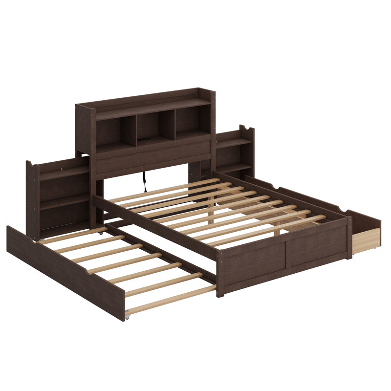 Lit plateforme avec rangement et tablettes coulissantes, lit gigogne et 2 tiroirs, Espresso
