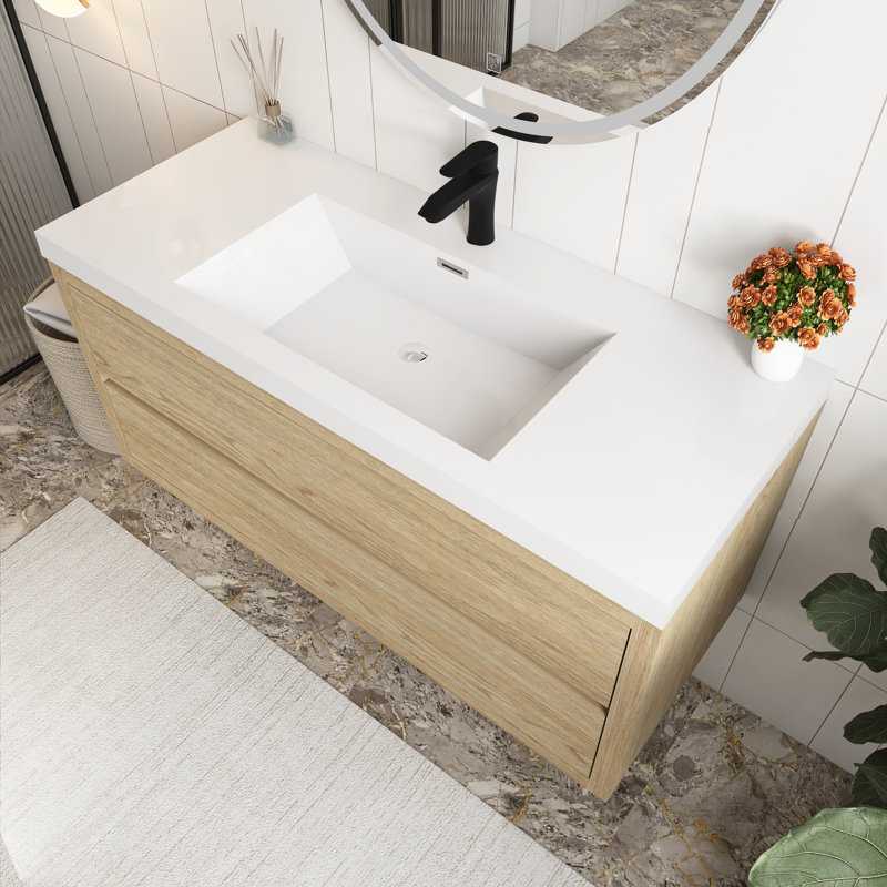 Meuble-lavabo mural 48 po avec lavabo, Bois de chêne naturel