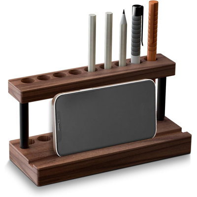 Pencil & Pen Holder for Desk, Solid Walnut Pen Display Stand with 9 Slots and Cell Phone Holder, Aesthetic Pen Organizer for Minimalist Office Desk Decor