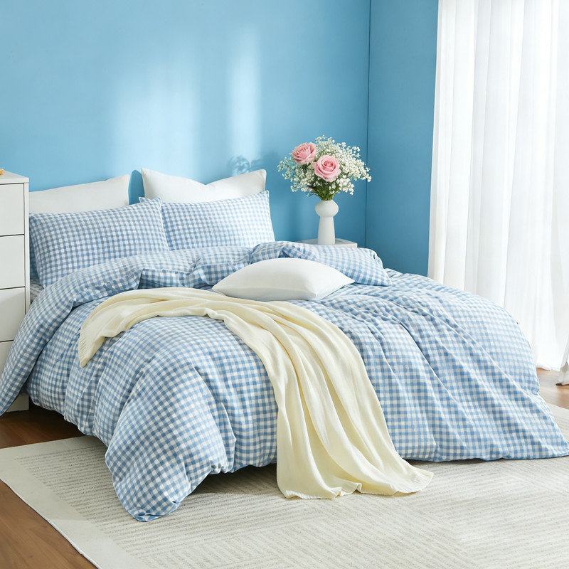 Ensemble de housse de couette en vichy à carreaux 100% coton lavé Life, Housse de couette très grand et 2 taies d'oreille
