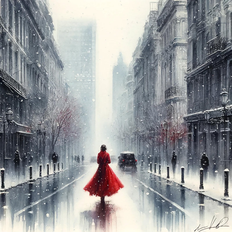 «Crimson Solitude in Snowy Cityscape», reproduction sur toile sans cadre, H 30 po x l 30 po x P 1,5 po