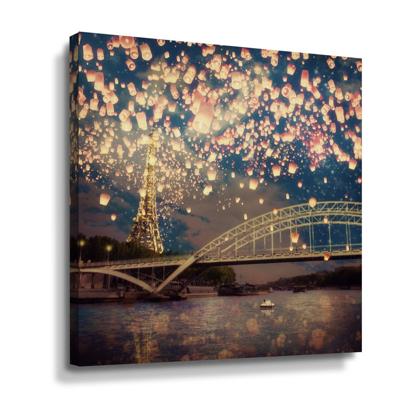 " Love Wish Lanterns Over Paris ", Wrapped Canvas, 14" H x 14" W x 2" D