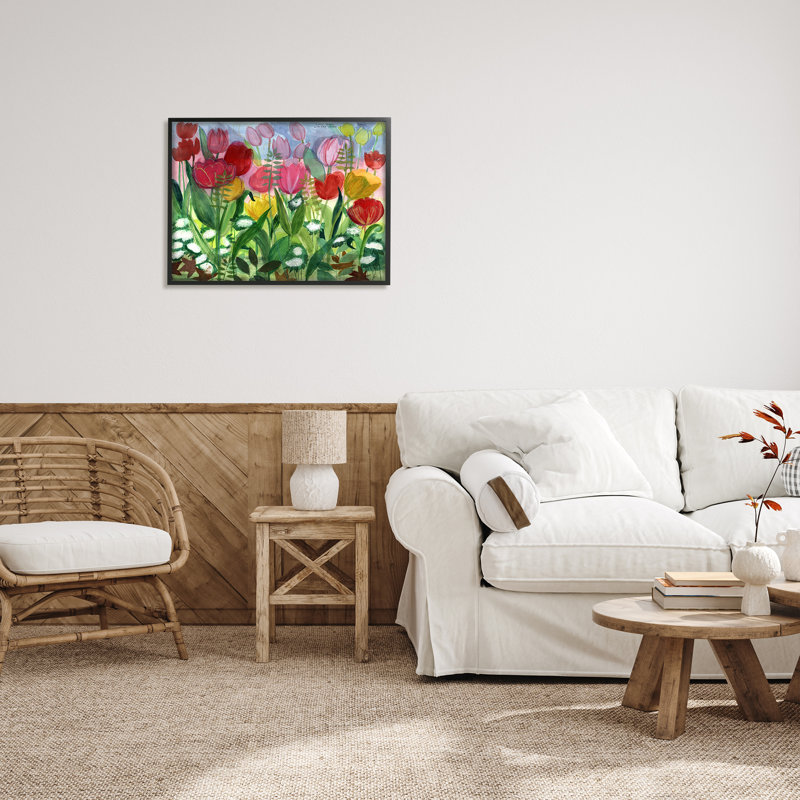 Lush Varied Spring Tulip Blooming Flower Meadow - Peinture sur toile à cadre flottant, H 24 po x l 30 po x P 1,5 po