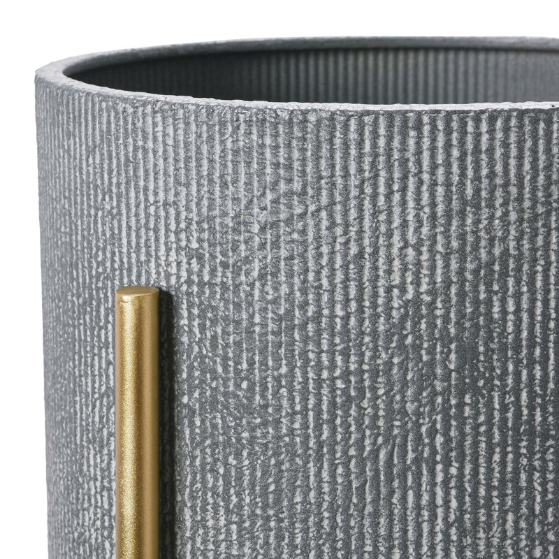 Modern Boho Embossed Metal Planters with Stands, Dark Gray with Gold